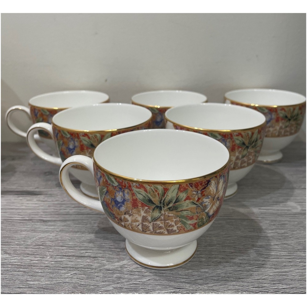 Wedgwood Augustus Bone China Teacups Set of 6 Tropical Pineapple England